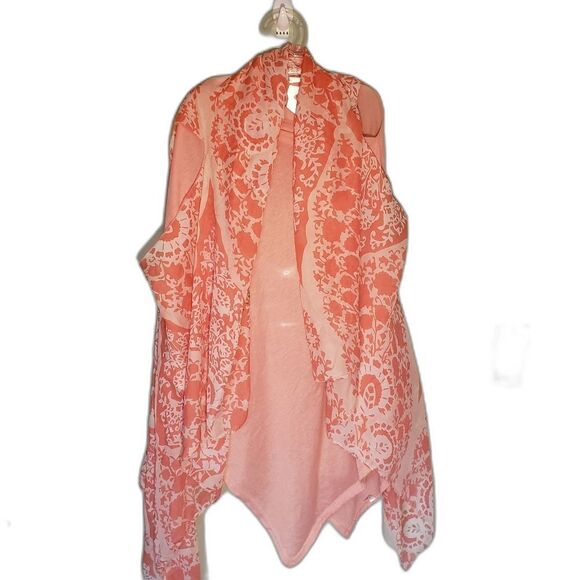 Women’s Boutique 2-Piece Sheer Overlay Top – Orange Tank + Printed Sheer Shirt - Picture 2 of 7